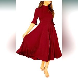 Verdusa Ribbed Knit Bell Sleeve Fit and Flare Midi Dress Wine Red
